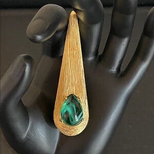 Mid-Century Modern Green Swirled Glass Cabochon Teardrop Brooch